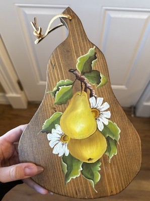 Vintage 1970 s Hand Painted Wooden Cutting Board  Hanging Wall Decor