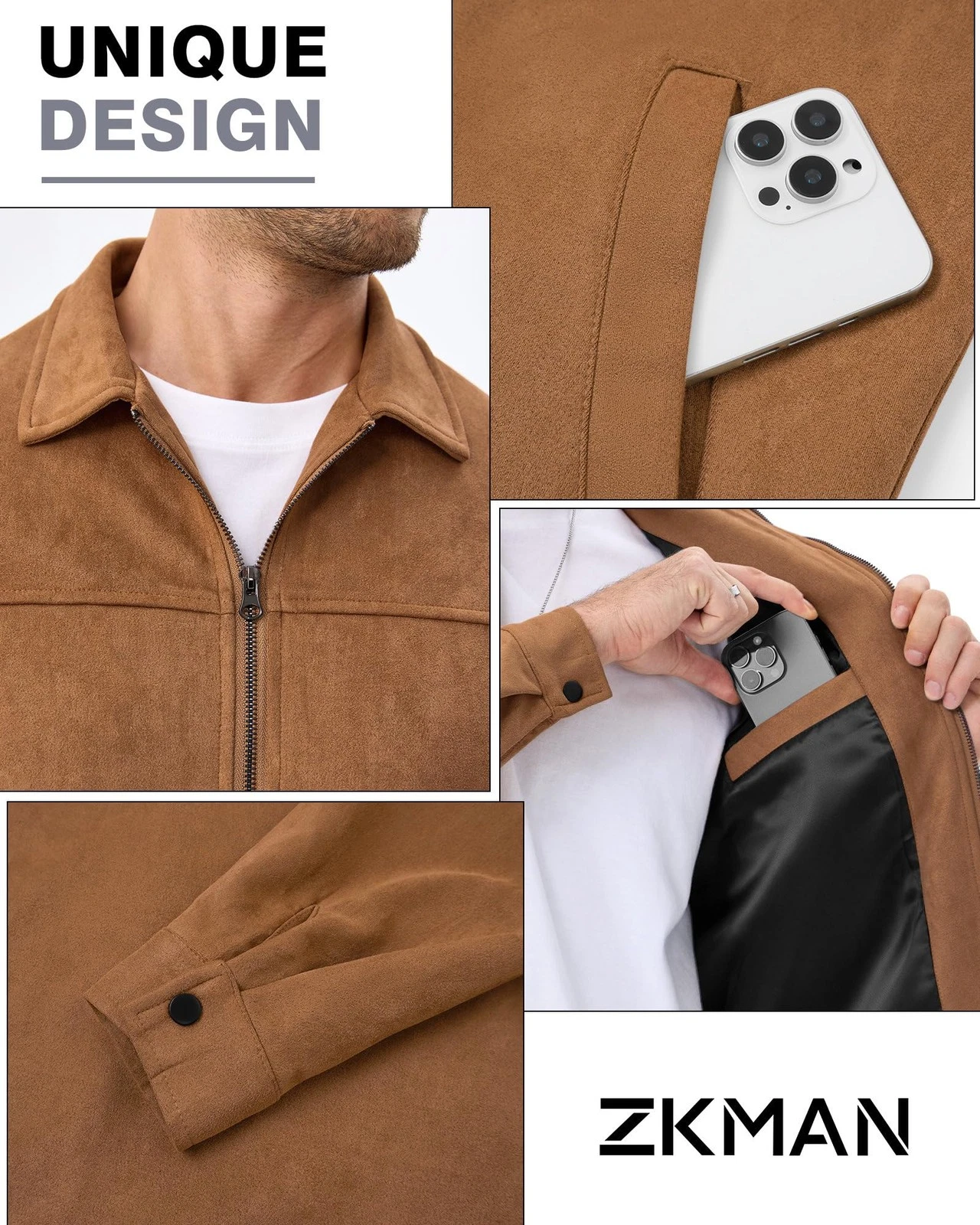Men's Suede Bomber Jacket Casual Soft Lightweight Leather Jacket Light Brown image 6