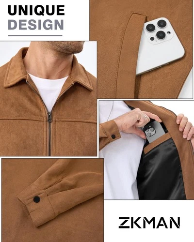 Men's Suede Bomber Jacket Casual Soft Lightweight Leather Jacket Light Brown image 6