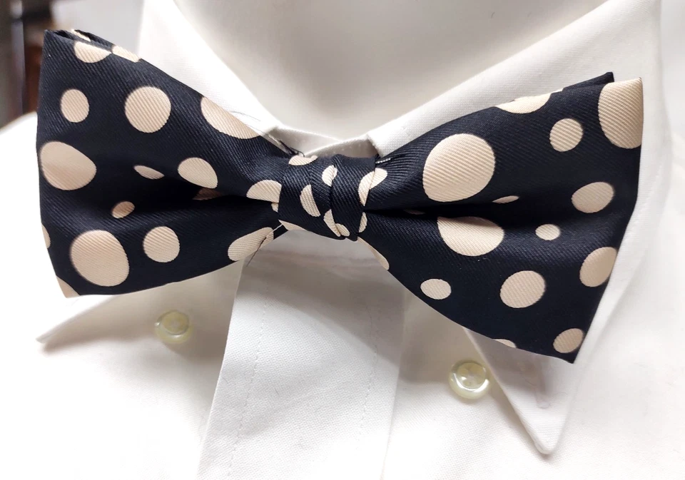 Cumberbund & BowTie BLACK with Ivory/Cream Polka Dots~Adjustable Self Tie W/Box - Image 3 of 4