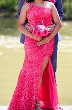 Pink Sequin One Shoulder Long Formal Gown with Slit
