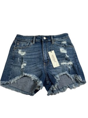 Just USA Jean Shorts Women Med Blue Denim High Rise Hi-Lo Cut Off Frayed Hem NWT