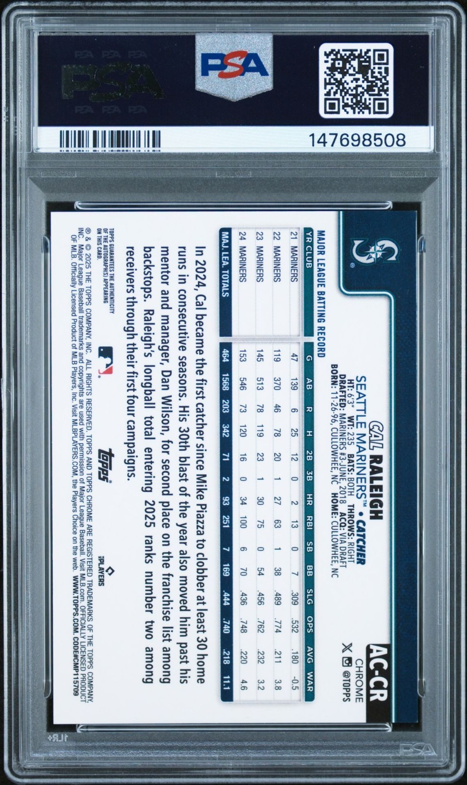2025 Topps Chrome Update Cal Raleigh True Gold Auto /50 Psa 9 view 2