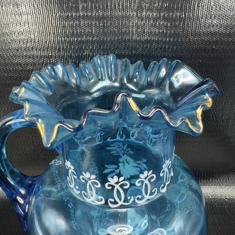 Antique Rockingham Pitcher Antique Victorian Glass Pitcher Blue Enameled Crimped Rim Manganese ...