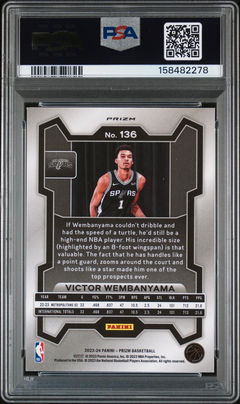 2023 PANINI PRIZM SILVER PRIZM #136 VICTOR WEMBANYAMA ROOKIE RC PSA 6 view 2