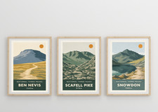 National 3 Peaks Picture Wall Art Poster Mountain, 3 pack Nevis Snowdon Scafell