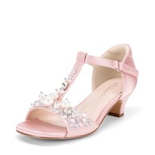 Girls Sandals Ankle Strap T-Strap Low Heel Pearl Bow Flower 3 Little Kid Pink