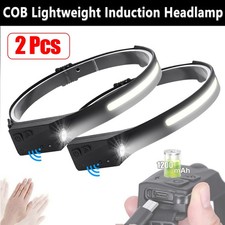 2PACK Headlamp COB LED Rechargeable Headlight Torch Work Light Bar Head Band USB