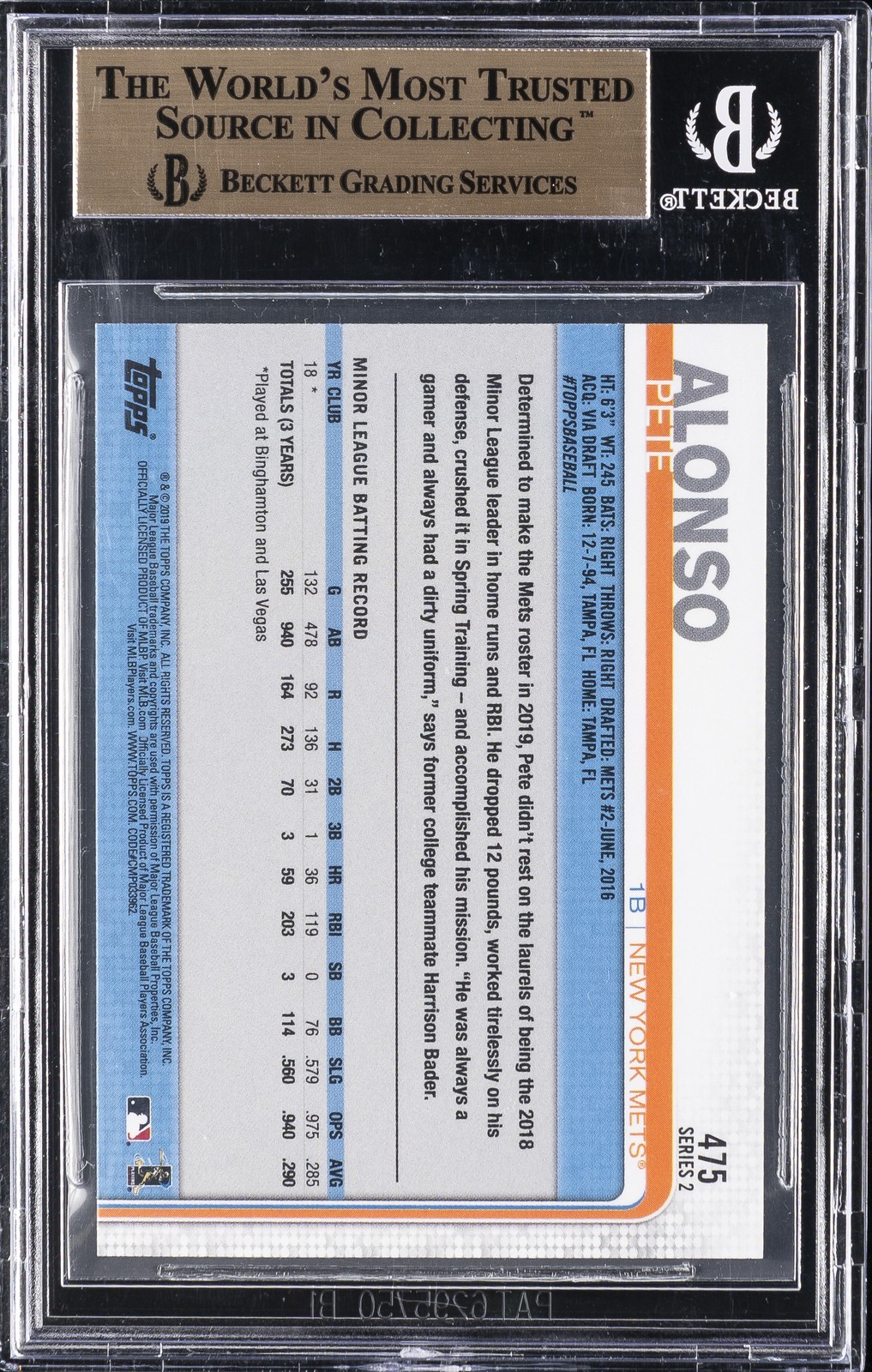 2019 TOPPS RAINBOW FOIL #475 PETE ALONSO ROOKIE RC BGS 9.5 view 2