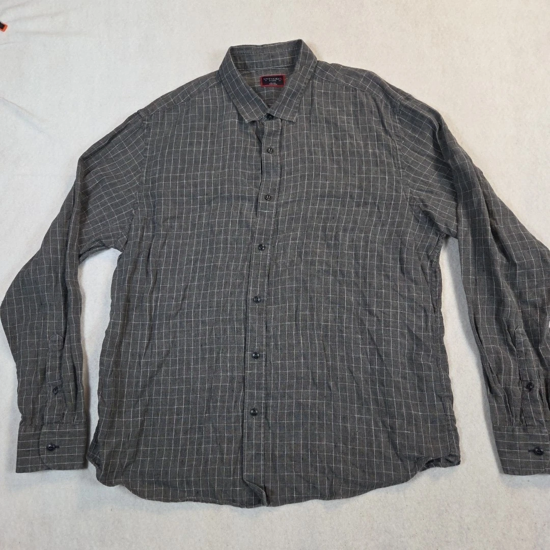 UNTUCKit Shirt Men's XL Long Sleeve Button Up 100% Linen Gray Checkered Chauvin
