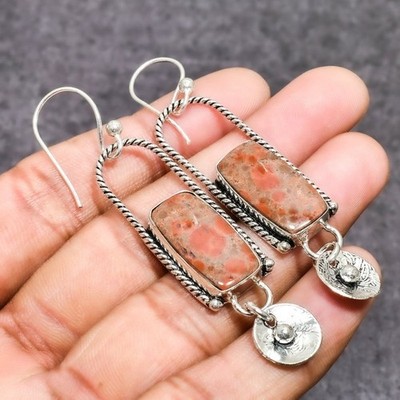 Asteroid Jasper Gemstone Handmade 925 Sterling Silver Jewelry Earring 2.84''