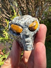 Yooperlite Crystal Carved alien head Tiger eye Healing Syenite small 126g