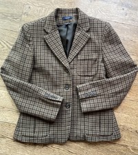 CHAPS Wool Blend Houndstooth Blazer Jacket Women 8 Brown Tweed Plaid Academic