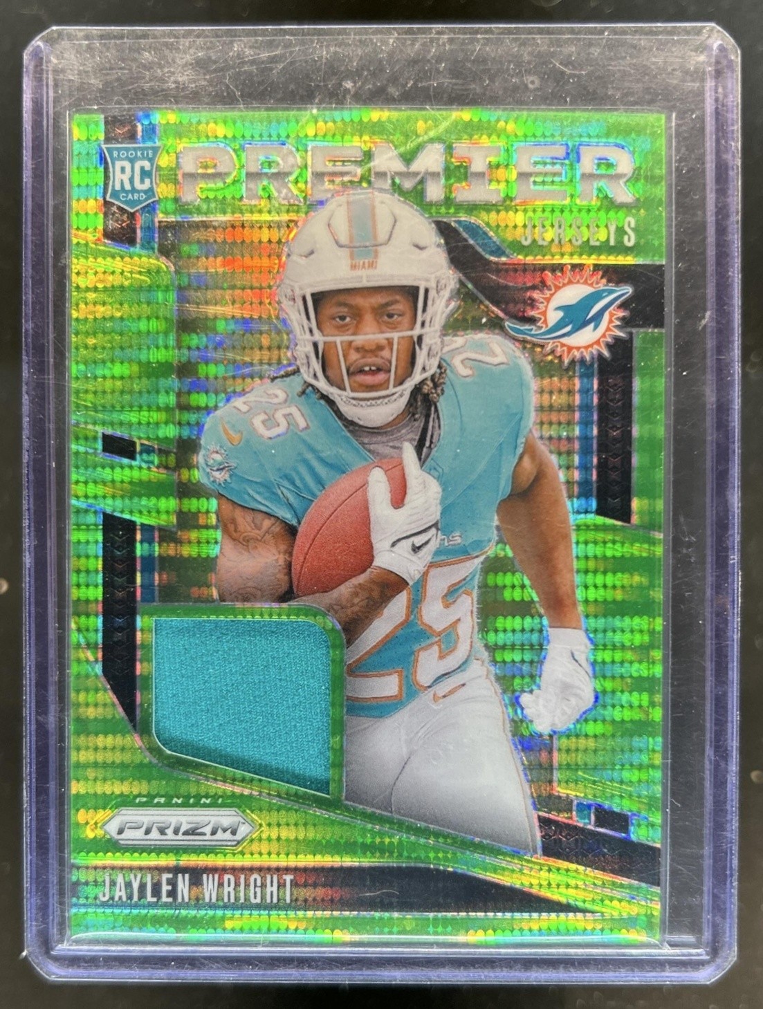 2024 Panini Prizm Jaylen Wright Premier Jerseys RC Neon Green Pulsar #PJ-JWT