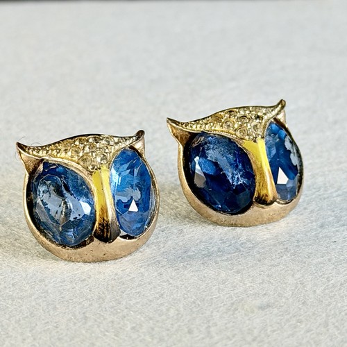 1940s Coro Craft Sterling Silver Gold Vermeil Owl Head Screwback Earrings Blue