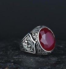 925 Men Round Cut Red Engraved Ruby Men Ruby Gemstone Ring