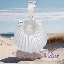 .925 SS Cape Cod : Evening Tide  Scallop Shell With Pearl Pendant & 18" Necklace