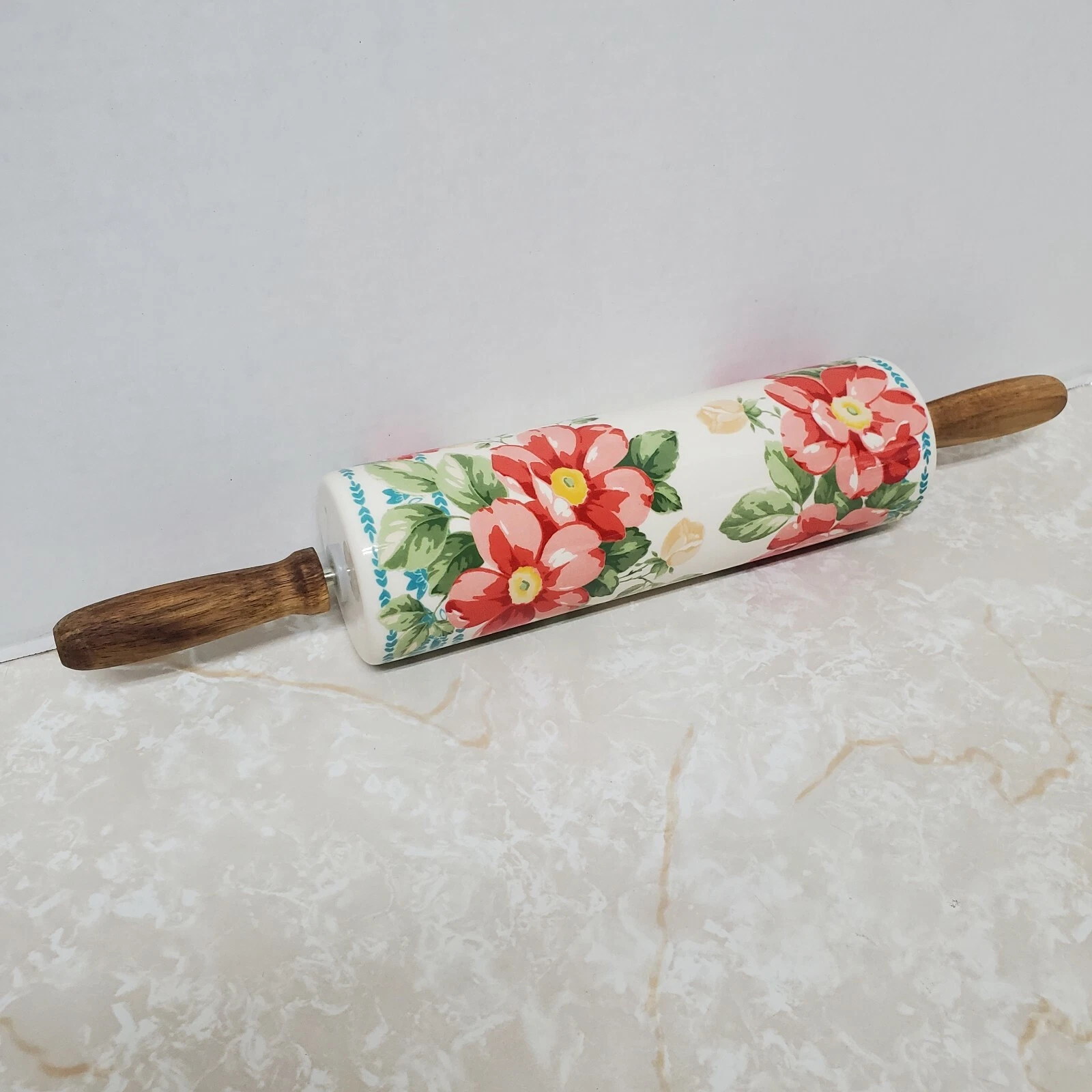The Pioneer Woman Floral Ceramic Rolling Pin Wood Handles Vintage Pattern