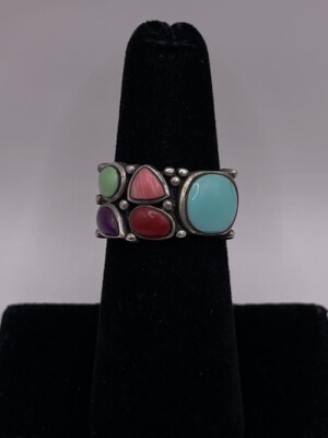 Native Multi Stone Turquoise Coral Sterling Silver 925 Ring Size 6.5 (7.3g)