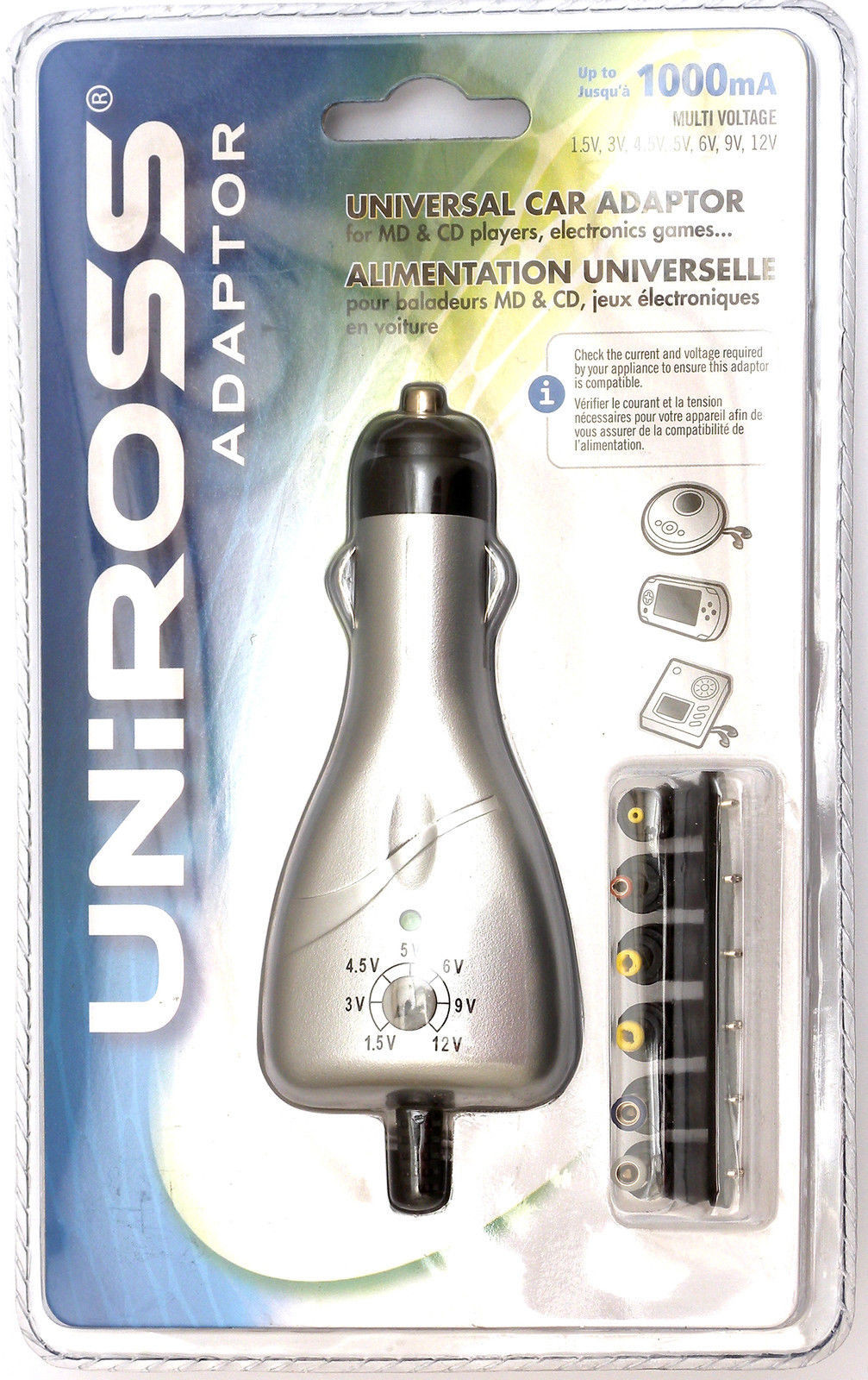 Alimentatore Universale da Auto - Uniross - 3V 4.5V 5V 6V 9V 12V 1000mA 12W