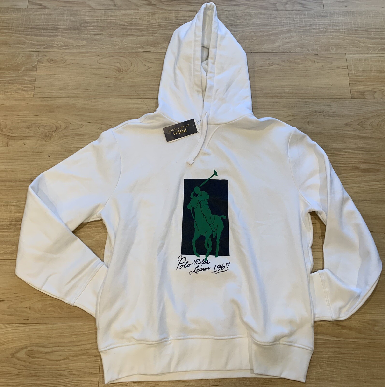 Felpa con cappuccio pullover Polo Ralph Lauren uomo Big Pony RL 67 pile bianca nuova con etichette L