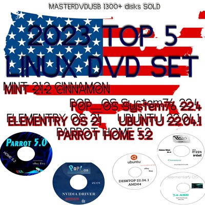 TOP 5 LINUX DISTOS 5 DVD SET 2023  MINT21.2, UBUNTU 22.04.1, POP_OS 22.04 USA!!!
