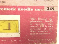 VINTAGE UNUSED RECOTON 349 REPLACEMENT PHONO NEEDLE .001 MICROGROOVE