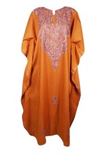 Womens Maxi Caftan Dress, Orange Embroidered Kimono Dresses L-2X