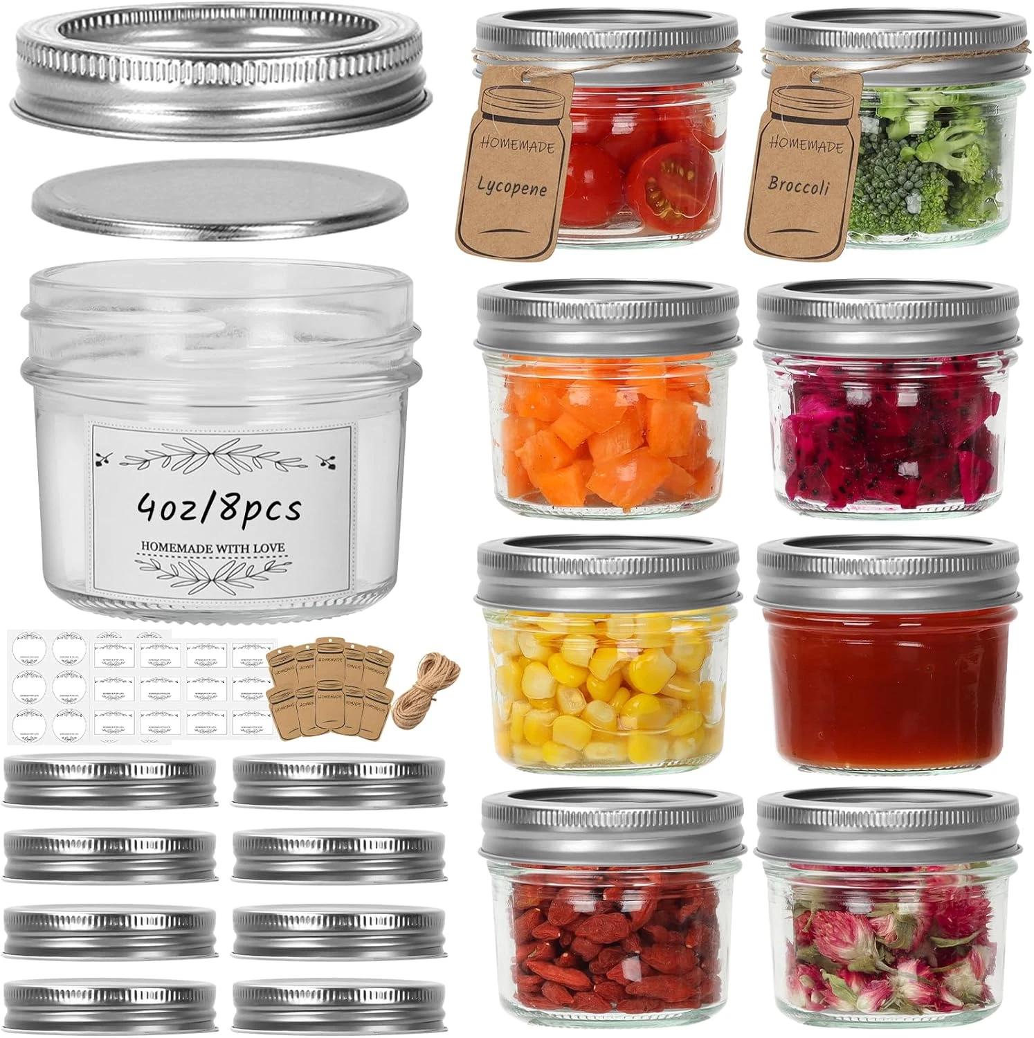 8-PK 4oz Mason Jars w/ Regular Lids and Labels - Glass Food Storage Canning Jars
