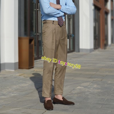 GURKHA pantaloni Uomo marrone slim casual a pieghe regolabili in vita Pantaloni  su misura | eBay