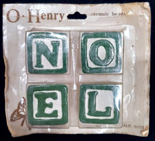 Vintage Macrame O Henry Ceramic Block Bead - NOEL - GREEN 14