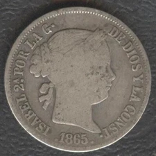 1865 ISABEL II 20 Centimos Spanish Philippine Silver Coin KM# 146, Stock - B3