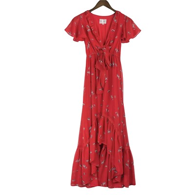revolve a line dress & Dot Red Floral Padera Midi High Low V Neck Tie Size XS T Shirt Under Dress NORMAL Size:M EURO