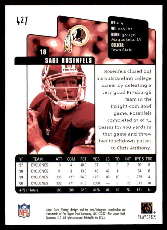 2001 UD UPPER DECK VICTORY SAGE ROSENFELS ROOKIE AUTO WASHINGTON REDSKINS #427 - Image 2 of 2
