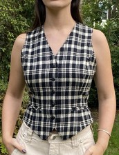Vintage Jackfin S M 100 Wool Plaid Vest Blk  White Fitted Annie Hall