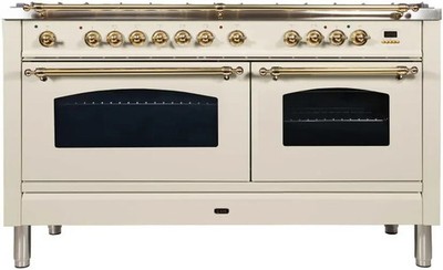 ILVE 60'' Nostalgie Dual Fuel Range 8 Burner Griddle Antique White Brass NG UPN15