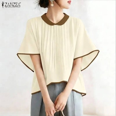 ZANZEA Women Pleated High Low Blouse Peter Pan Collar Summer Top 2026