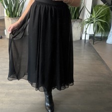Atra Petites Black Sheer Chiffon Midi Skirt Size 6 Elastic Waist Lined USA