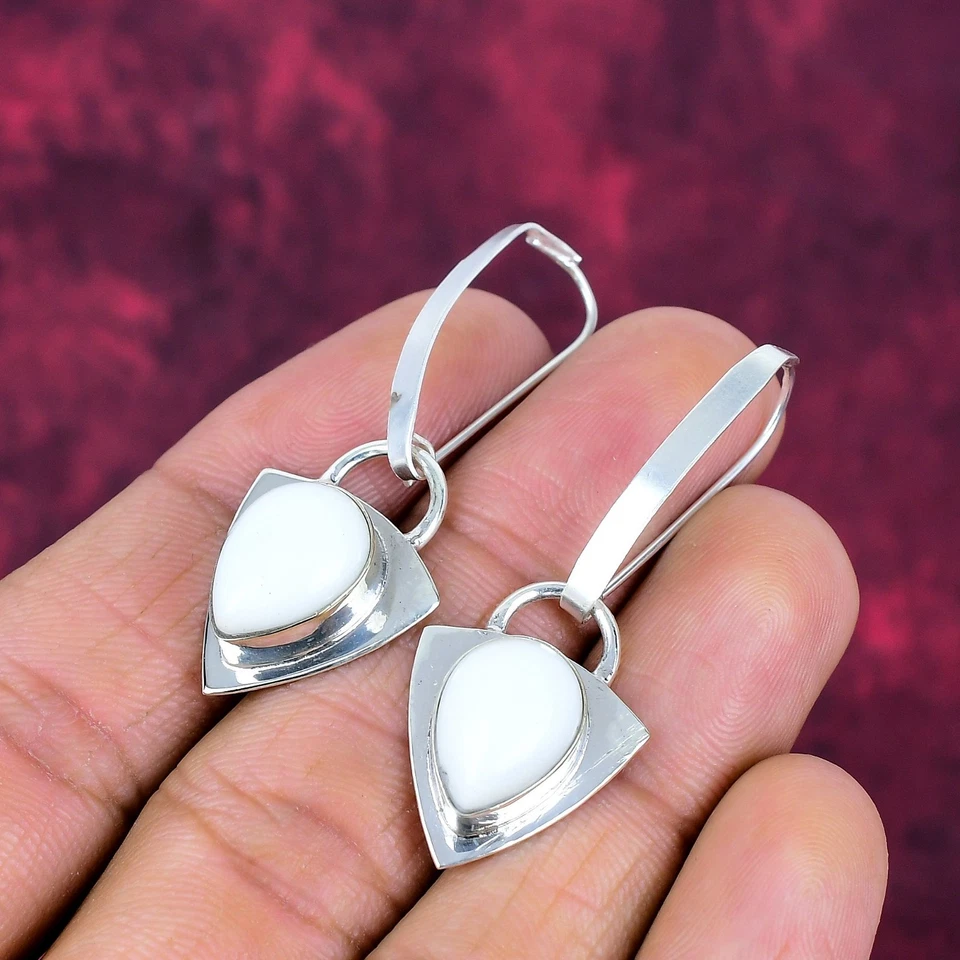 Brincos de prata maciça 925 feitos à mão com pedras preciosas de coral branco presentes para esposa - Imagem 2 de 4