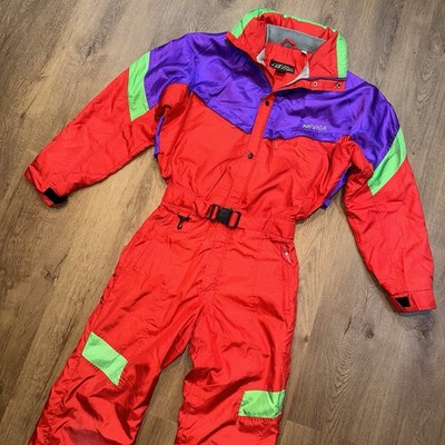 【希少/イタリア製】80s-90s スキーウェア つなぎ ネオンカラー Nevica Ski Suit One Piece Snowsuit Snow Bib Vtg 80s onsie Neon 40