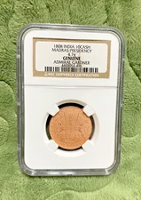 NGC 1808 India 10 Cash Madras Presidency, Genuine Admiral Gardner Shipwreck Coin
