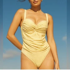 Nip Tuck Joanne Tummy Control One Piece Swimsuit Yellow White Stripe 8 MSRP $80