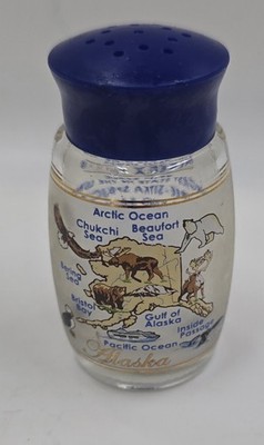 Vintage Alaska Souvenir Shaker Map & Facts Collectible Glass Spice Bottle 2 7/8''
