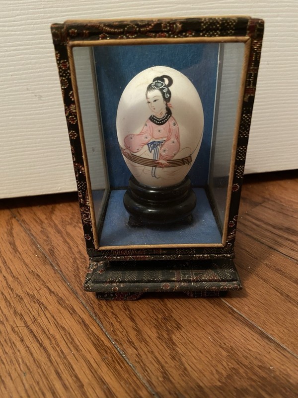 Vintage Asian Hand Painted Egg Shell With Display Case. Stamped