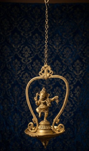 Vintage Brass Dancing Ganesha Hanging Diya Oil Lamp Ornate Indian Decor 24.5"