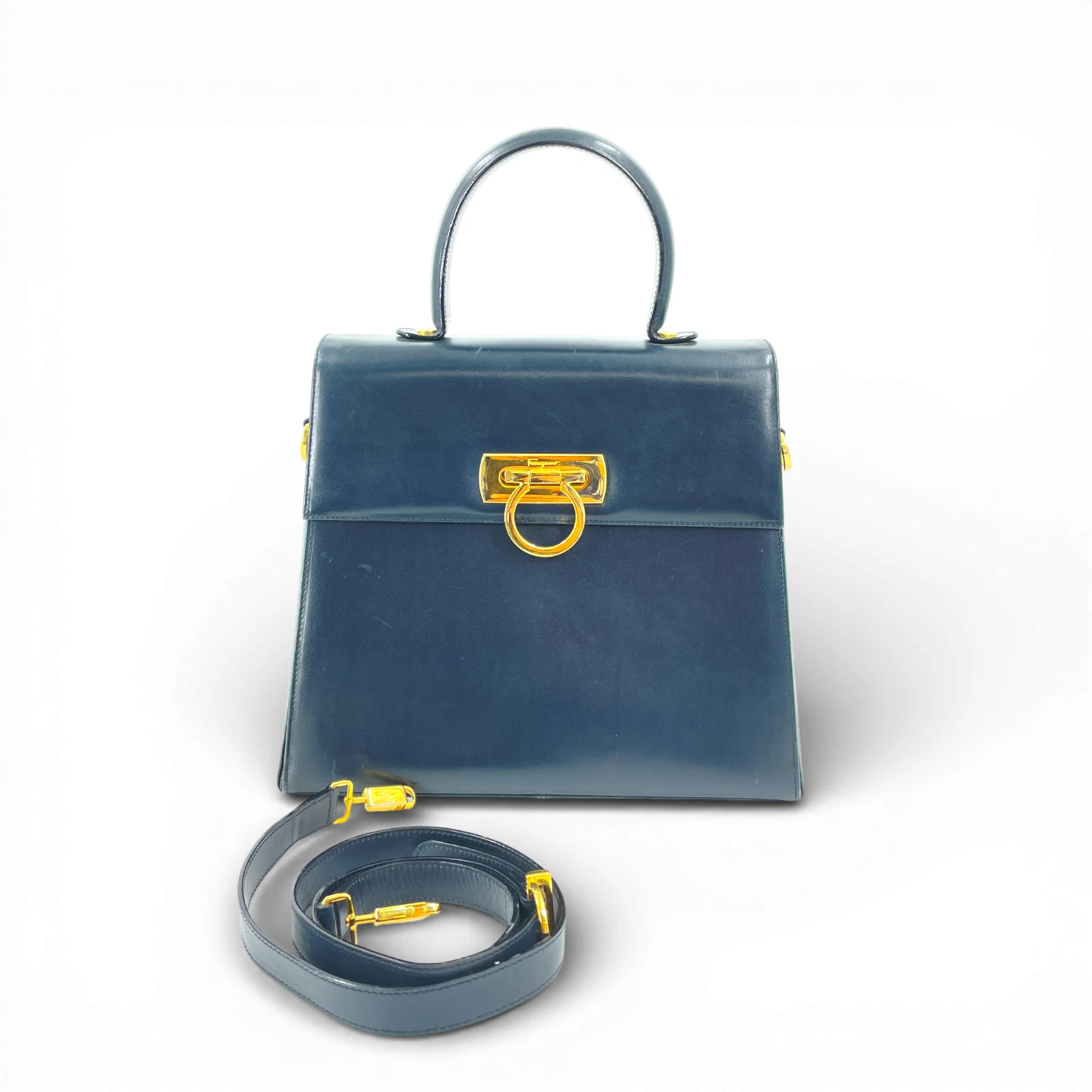 Ferragamo — Auth SALVATORE FERRAGAMO Gancini Gold Plated Navy Leather 2WAY Handbag SJX879