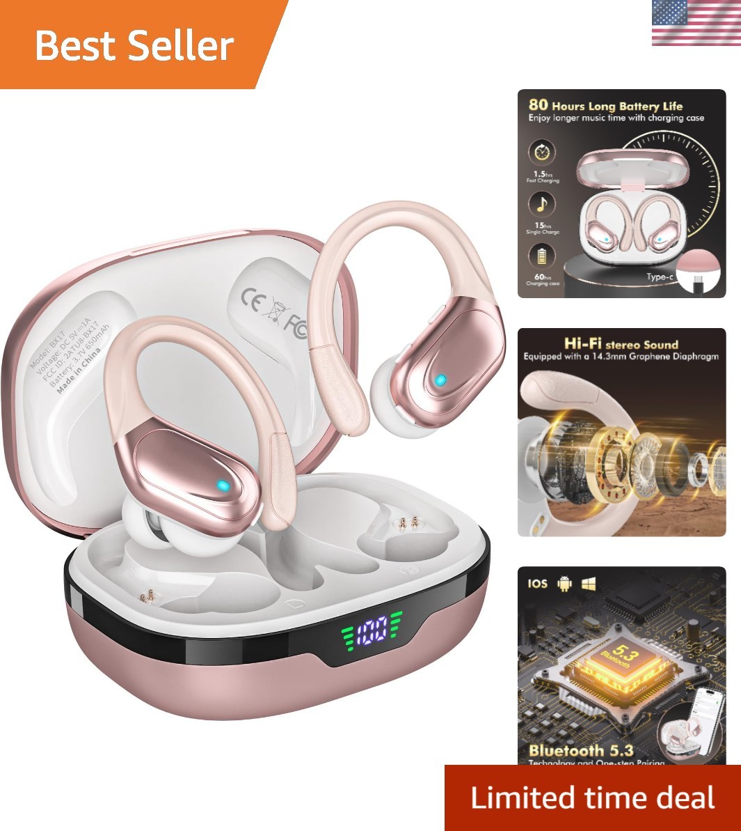 Wireless Earbuds, Sports Bluetooth Headphones, 80Hrs Playtim