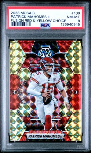 2023 PANINI MOSAIC FUSION RED & YELLOW CHOICE #109 PATRICK MAHOMES II 4/80 PSA 8