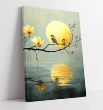 BEAUTIFUL BIRDS AT A FULL MOON -DEEP FRAMED CANVAS WALL ART PICTURE PRINT