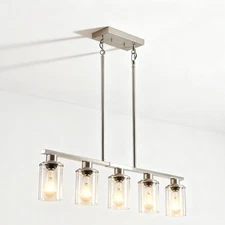 Pendant Light 37" Silver 5 Lights Clear Glass Metal Height Adjustable Chandelier